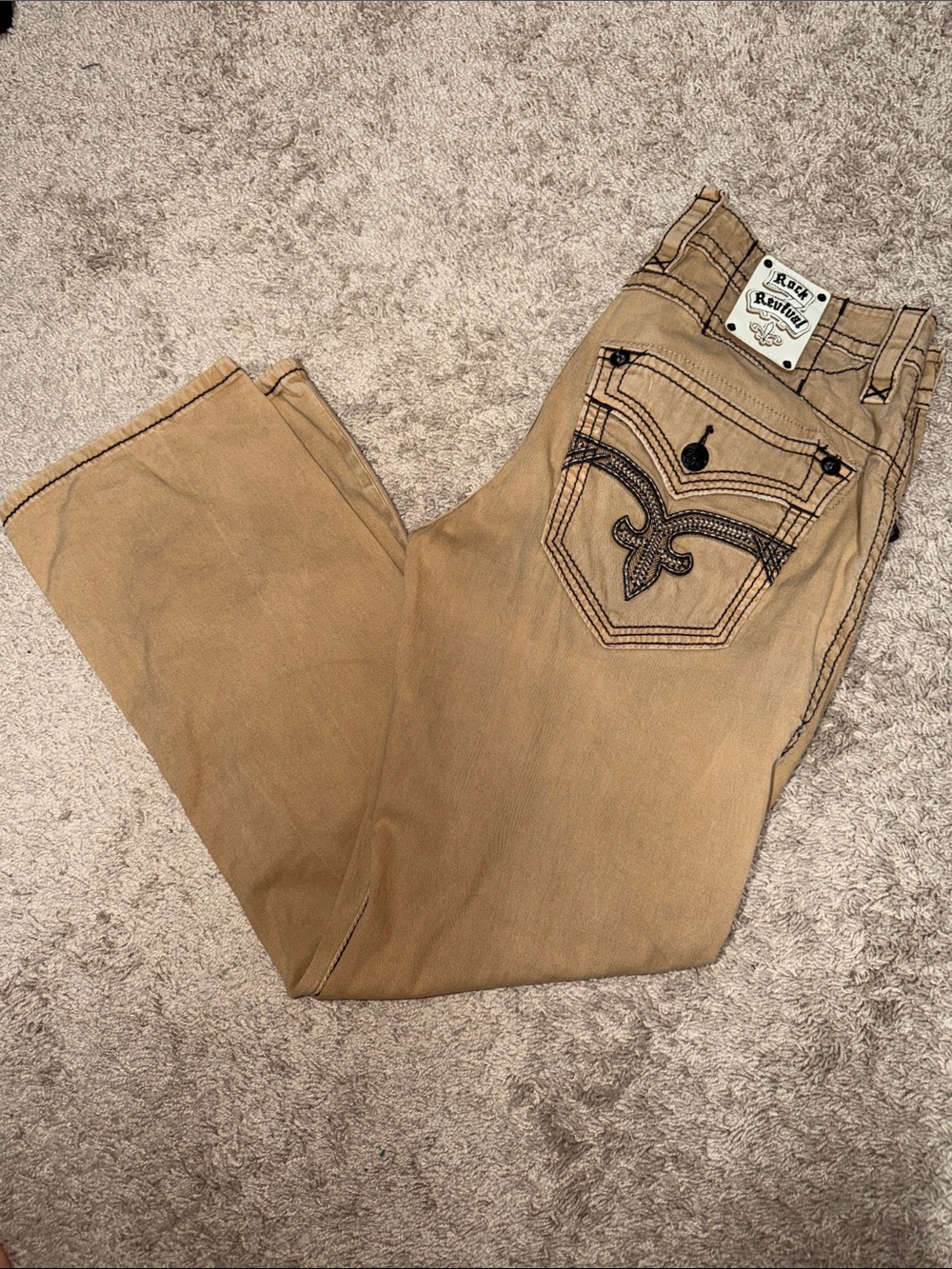 Rock Revival Men's Tan Jeans with Embroidered Back Pocket